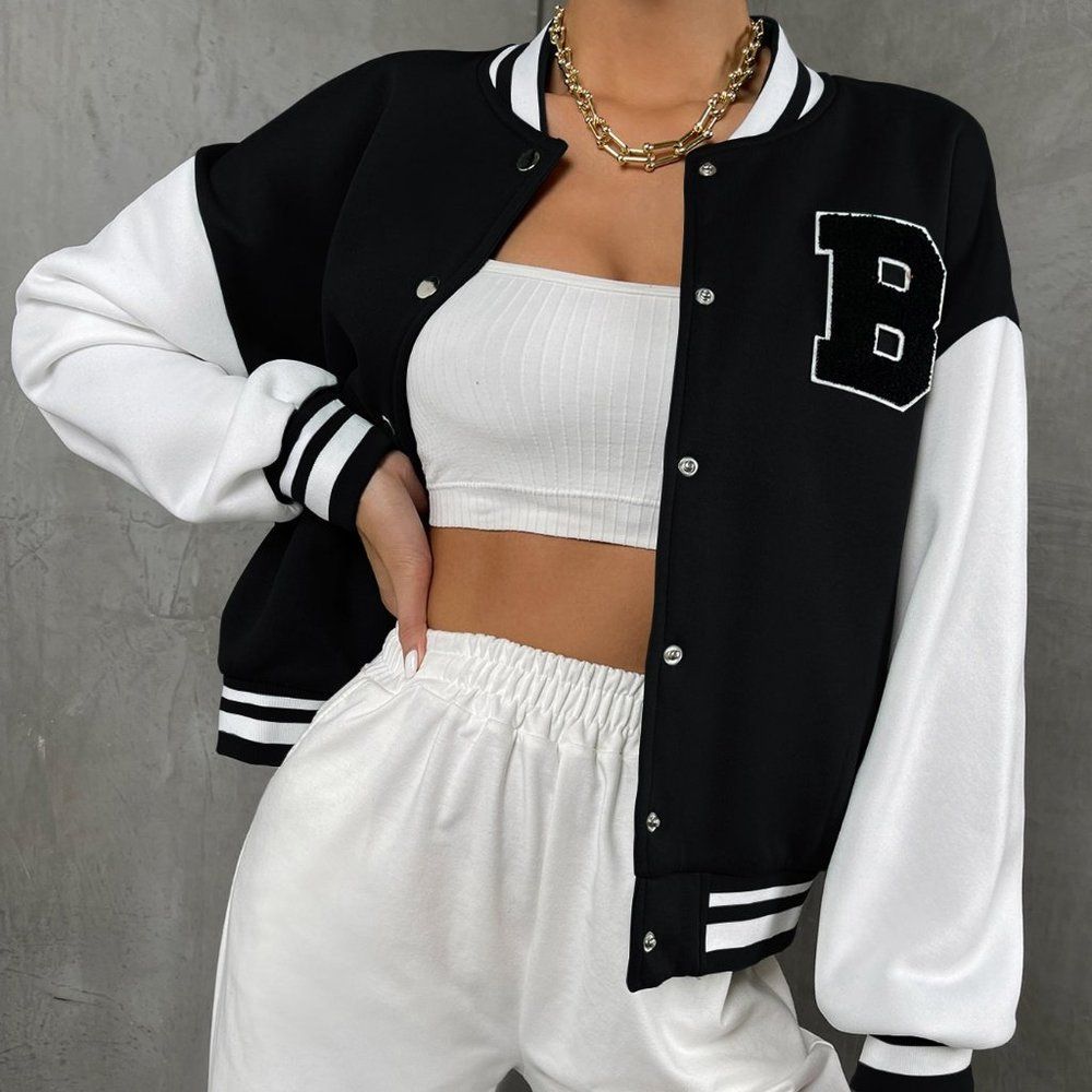 New Letter Patched Striped Trim Drop Shoulder Varsity Jacket Black and White 226